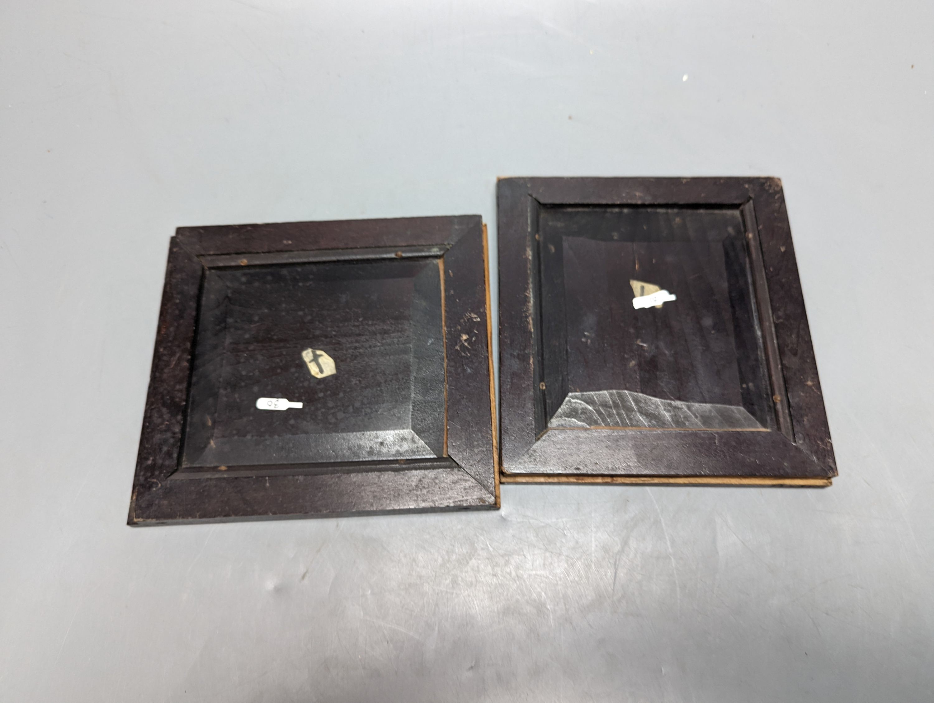 A pair of Japanese mixed metal chicken panels, in gilded wood frames, 17cm. high